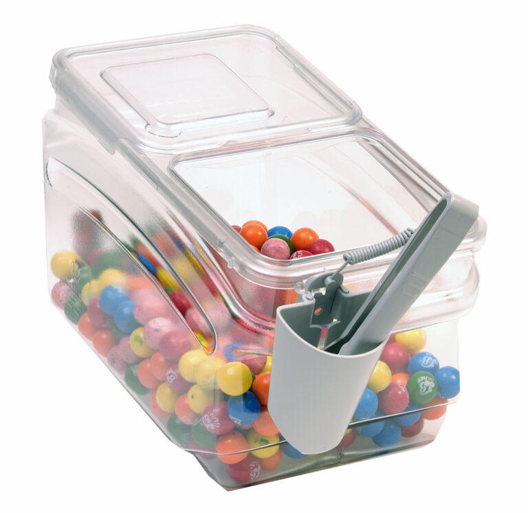 A photo of a scoop bin with candy inside.