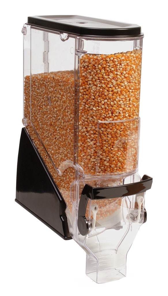 A photo of a gravity bin with popcorn kernels inside.